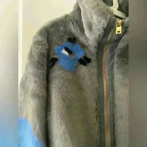 Andrew Marc L Bomber Jacket New York Women's Faux Fur Grey Floral Blue - Picture 3 of 10